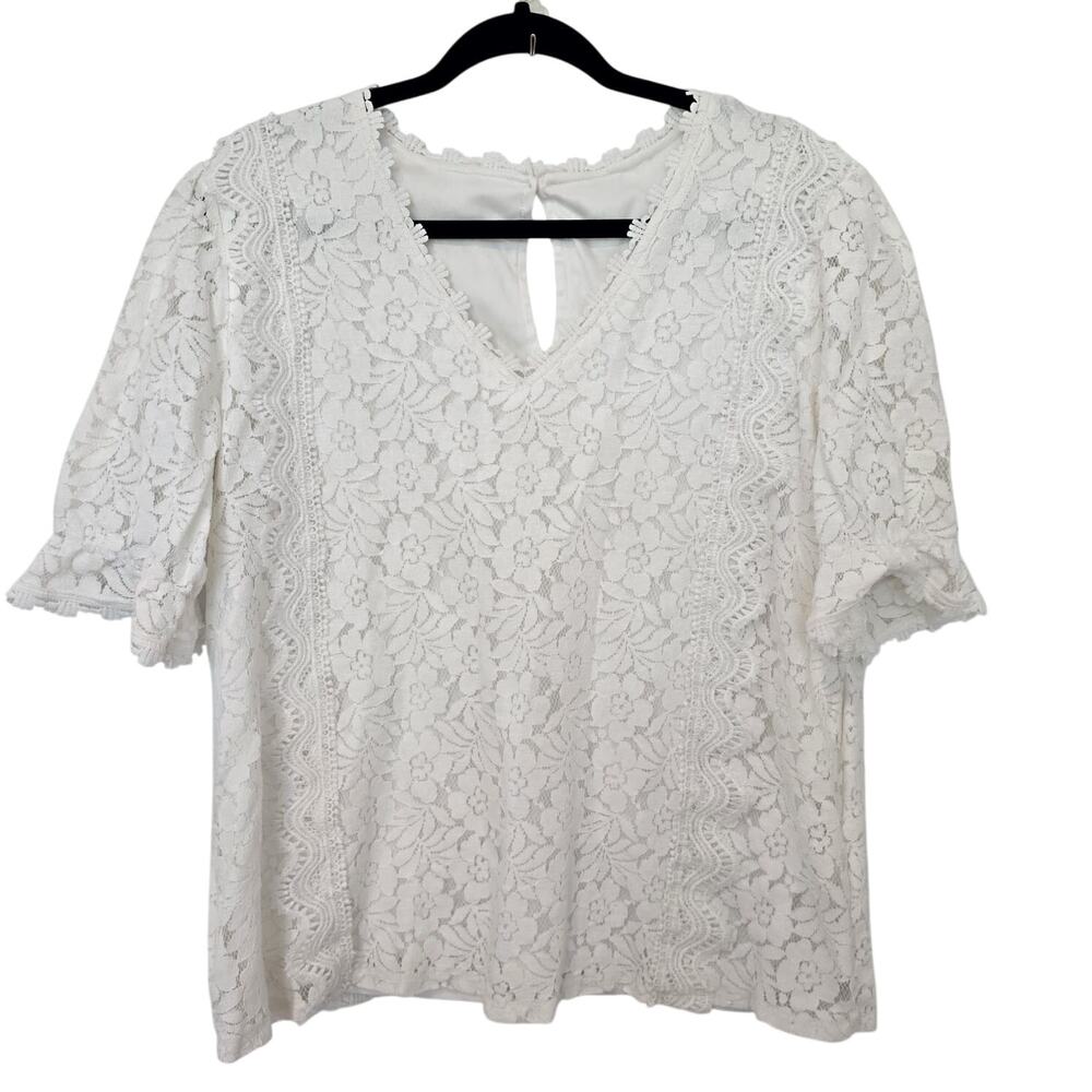 Plus 2X White Floral Lace Top V-Neck Scallop Trim Lined Boho Cottagecore Bridal